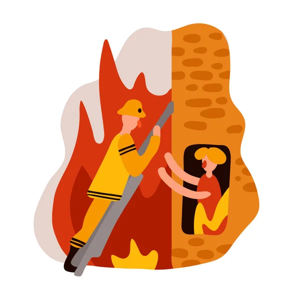 Composition Plate Lutte Contre Incendie Avec Pompier Sauver Femme Brûler — Image vectorielle