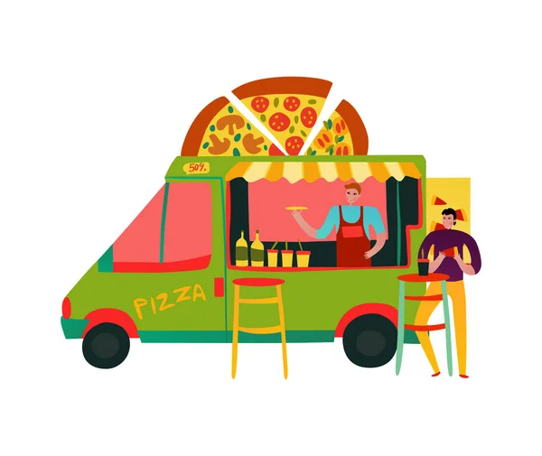 Cibo Camion Con Venditore Cliente Mangiare Pizza Piatto Vettoriale Illustrazione — Vettoriale Stock