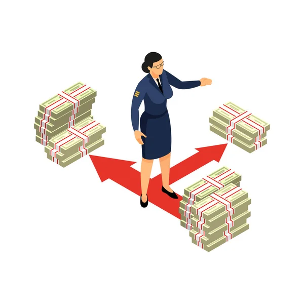 具有女性特征的等距税务稽核图标和堆叠的钞票3D矢量图 — 图库矢量图片