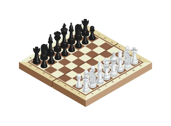 Изометрическая Шахматная Доска Белой Черной Фигурами Векторная Иллюстрация — стоковый вектор