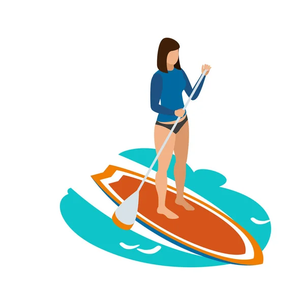 Sup Sörfü Yaz Suyu Sporu Izometrik Ikonu Ile Kadın Insan — Stok Vektör