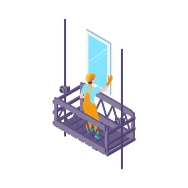 Isometric mimar dağcısı ön cephe vektör illüstrasyonunda çalışıyor