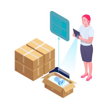 Artırılmış gerçeklik deposu yönetimi izometrik konsept 3D vektör illüstrasyonunun endüstriyel uygulaması