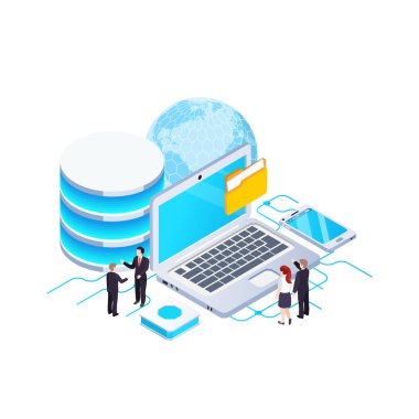 İnsan karakterleri ve elektronik cihazlarla birlikte büyük veri transferi işleme analizi depolama eşölçülü kavramı 3d vektör illüstrasyonuName