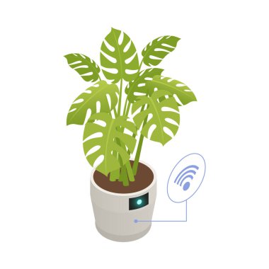 Tarım otomasyonu izometrik simgesi ile uzaktan kumandalı yeşil bitki 3 boyutlu vektör çizimi