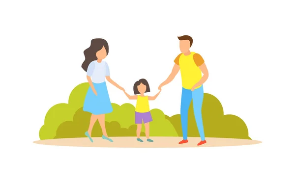 Familie Activiteit Plat Concept Met Ouders Dochter Lopen Samen Zomer — Stockvector