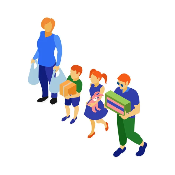 与等量男人和孩子一起购物的超级市场家庭3D矢量图 — 图库矢量图片