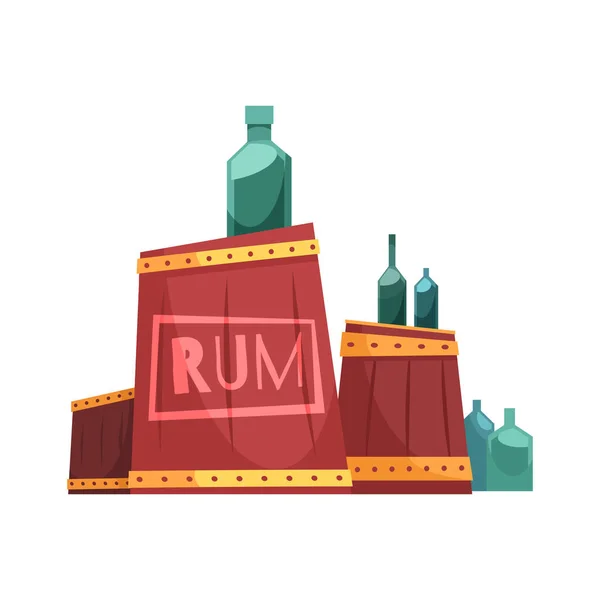 Láhve Dřevěné Sudy Kresleným Obrázkem Ikony Rumu — Stockový vektor