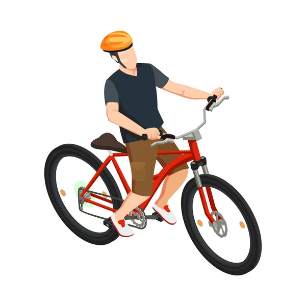 Isometric Cyclist Wearing Helmet Bike Vector Illustration — Stock Vector