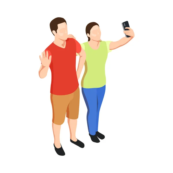 Uomo Donna Scattare Selfie Smartphone Icona Isometrica Vettoriale Illustrazione — Vettoriale Stock