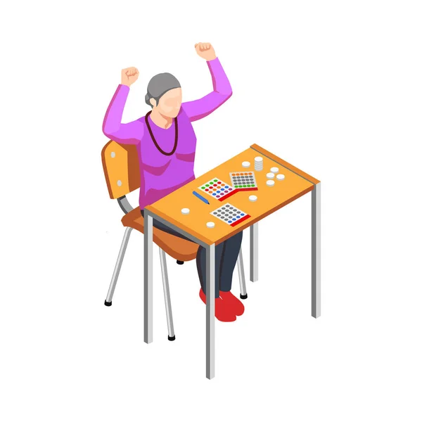 幸せな高齢者女性図面上のデスク等角ベクトルイラスト — ストックベクタ