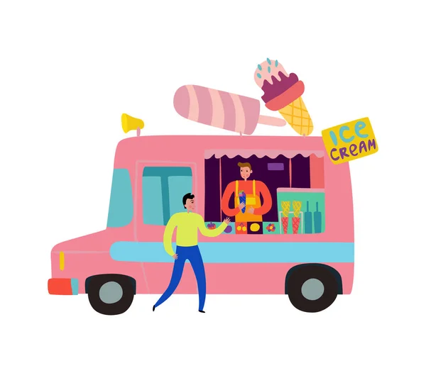 Παγωτό Φορτηγό Τροφίμων Τον Προμηθευτή Και Τον Πελάτη Επίπεδη Διανυσματική — Διανυσματικό Αρχείο