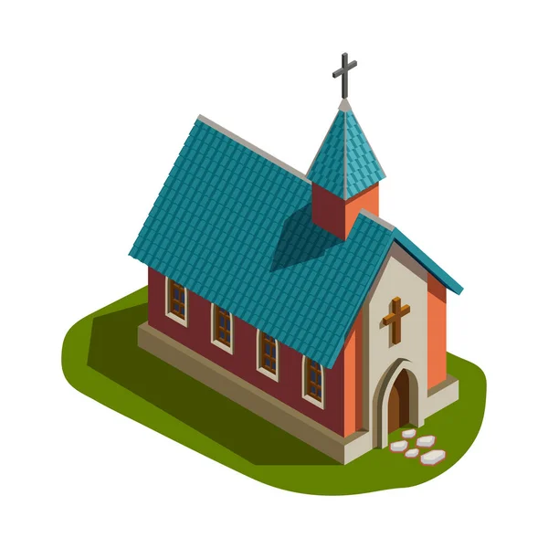 Igreja Católica Medieval Gramado Verde Isométrico Ilustração Vetor —  Vetores de Stock