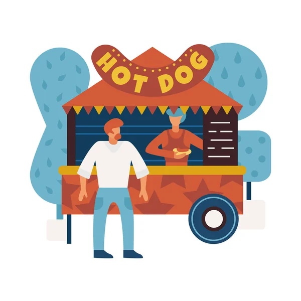 Hot Dog Élelmiszer Kosár Parkban Eladó Ügyfél Lapos Vektor Illusztráció — Stock Vector