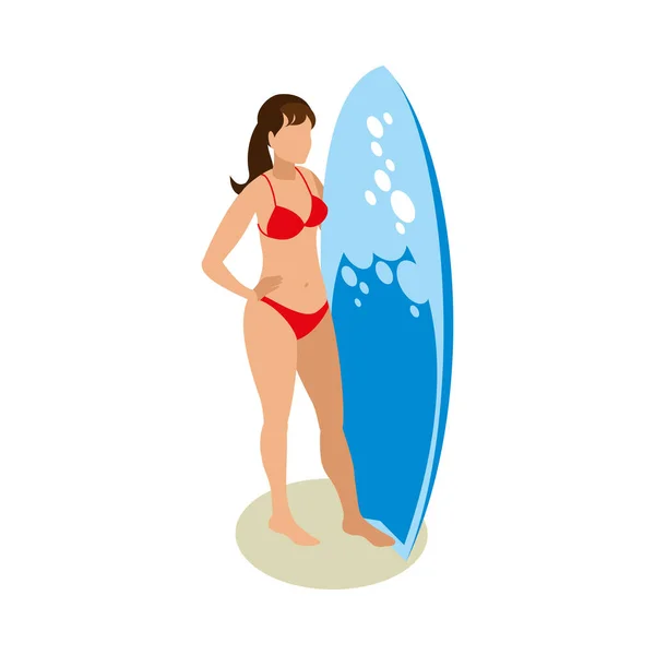 Surfing Ikona Izometryczna Szczupłą Kobietą Stojącą Deską Surfingową Wektor Ilustracji — Wektor stockowy