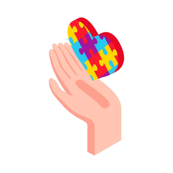 Autism Awareness Isometric Icon Human Hand Holding Heart Made Puzzle — Stock Vector