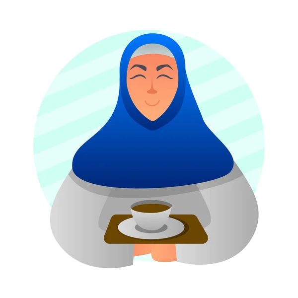 Mujer Musulmana Profesión Icono Plano Con Camarera Celebración Taza Café — Vector de stock