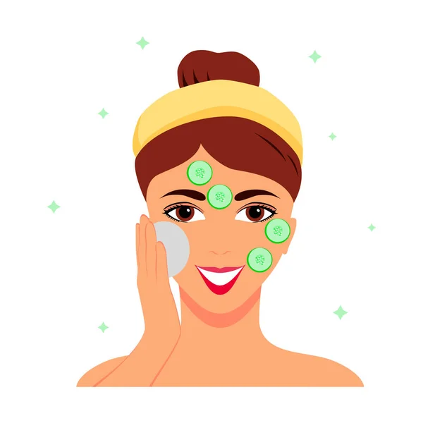 Ομορφιά Διαδικασία Επίπεδη Εικονίδιο Χαμογελαστή Γυναίκα Εφαρμογή Αγγουράκι Μάσκα Διάνυσμα — Διανυσματικό Αρχείο
