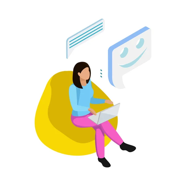 Icono Comunicación Virtual Con Mujer Chat Línea Isométrica Vector Ilustración — Vector de stock