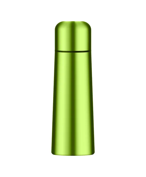 光沢のある緑色の金属製の魔法瓶白い背景現実的なベクトルイラスト — ストックベクタ