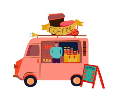 Satıcı ve menü tahtası düz vektör illüstrasyonlu kahve kamyonu