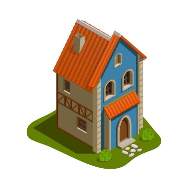 Isometric ortaçağ mimarisi konut binası dış 3d vektör illüstrasyonu