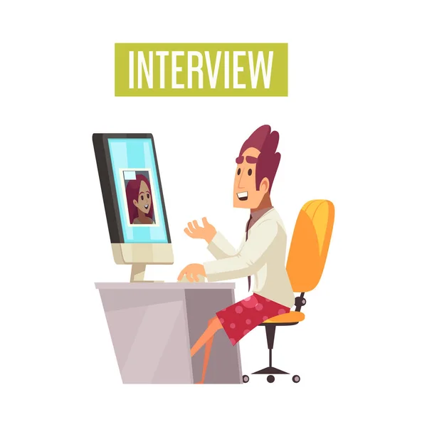 stock vector Recruiting online interview cartoon concept with job candidate talking to female recruiter on video call vector illustration