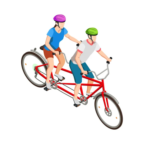 People Helmets Riding Tandem Bike Isometric Vector Illustration — Stock Vector
