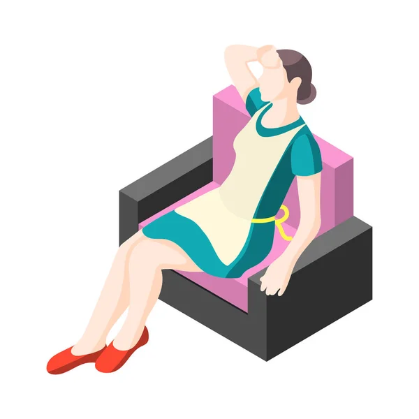 Zmęczona Gospodyni Domowa Odpoczywająca Fotelu Izometrycznym Ilustracji Wektora — Wektor stockowy