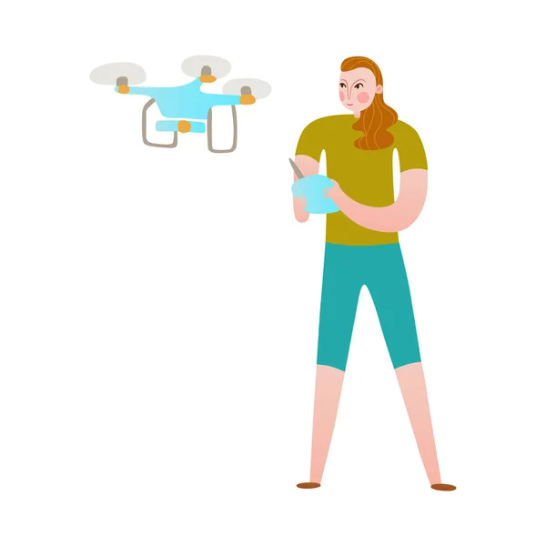 Vrouw Met Afstandsbediening Vliegende Drone Platte Vector Illustratie — Stockvector