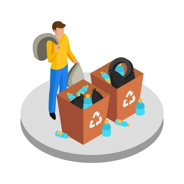 Poluição Plástica Conceito Isométrico Com Homem Coleta Lixo Recipientes Ilustração — Vetor de Stock