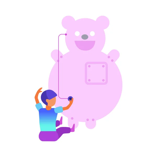 带有男孩和巨大玩具熊矢量图解的现代技术平面色彩概念 — 图库矢量图片