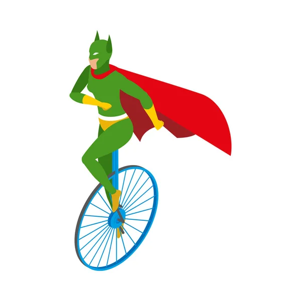 Circus Performer Dragen Superheld Kostuum Rijden Monowheel Isometrische Vector Illustratie — Stockvector