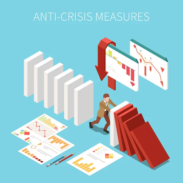 Crisis Measures Isometric Concept Businessman Trying Manage Business Problems Vector — Stock Vector