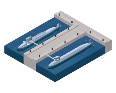 Rıhtım tarafının boş arkaplanda izole edilmiş görüntüsü ve iki el işi vektör illüstrasyonuyla denizaltının izometrik bileşimi