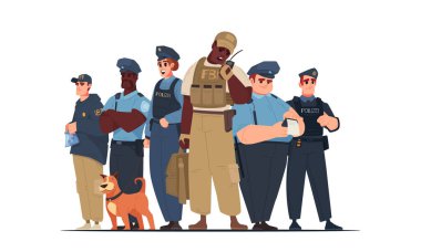 Polis ekibi karikatür konsepti. Kadın ve erkek memurlar ve bekçi köpeği çizimi.