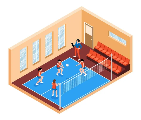 Equipo Escuela Femenina Jugando Voleibol Gimnasio Vector Isométrico Ilustración — Vector de stock