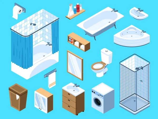 Isometrisches Set Von Elementen Für Den Badinnenraum Mit Badewanne Waschmaschinenmöbel — Stockvektor