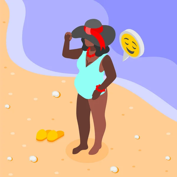 Щаслива Жінка Надмірною Вагою Купальнику Літньому Капелюсі Фоні Морем Пляжем — стоковий вектор
