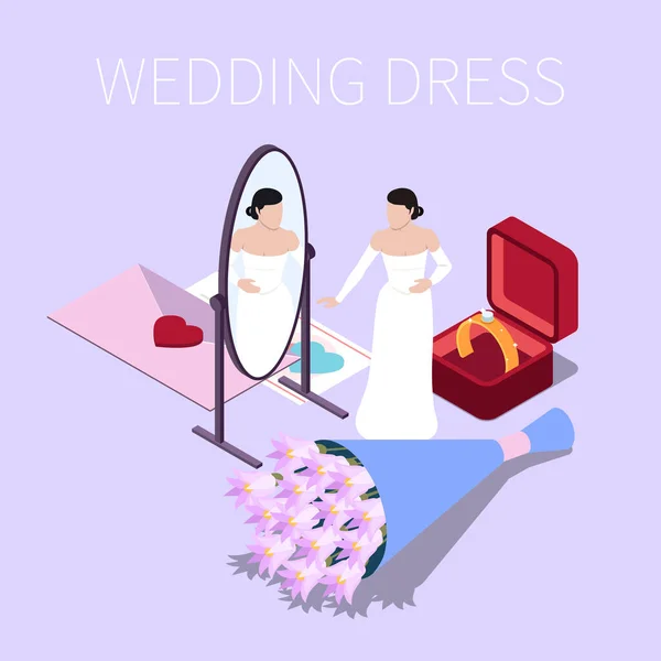 Γαμήλια Τελετή Ισομετρική Σύνθεση Γάμου Χαρακτήρα Νύφης Φόρεμα Λουλούδια Επιστολή — Διανυσματικό Αρχείο