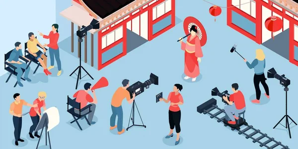 Isometric Cinema Production Composition View Filming Location Historic Japanese Set — Stock Vector