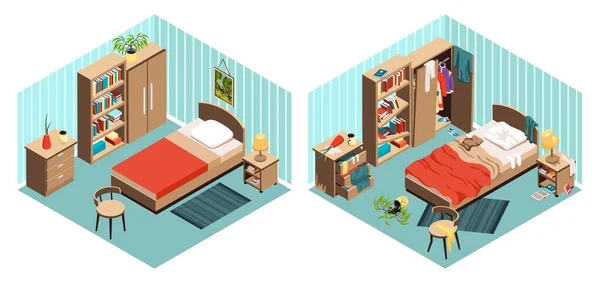 Vergleich Von Wohnzimmerinnenräumen Vor Und Nach Der Reinigung Isolierter Objekte — Stockvektor