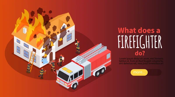 Isometric Firefighter Horizontal Banner View Burning House Fire Crew Text — Stock Vector