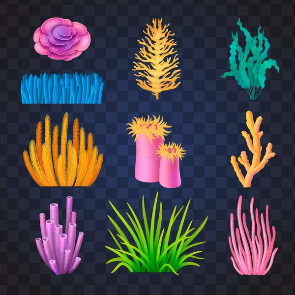 Renkli Mercan Resifleri Olan Sualtı Dünyası Karikatür Simgeleri Şeffaf Arkaplan — Stok Vektör