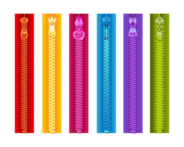Realistisches Reißverschluss Farbset Mit Sechs Isolierten Bildern Farbiger Reißverschlussstreifen Auf — Stockvektor