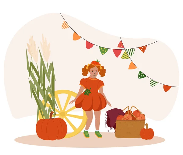 Kid Wearing Costume Pumpkin Harvest Festival Party Flat Vector Illustration — Stock Vector