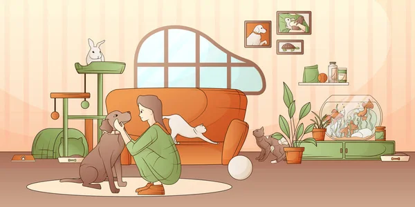 Woman Spending Time Her Pets Dog Cats Rabbit Fish Living — Stock Vector