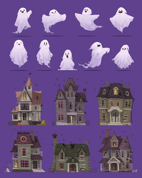 Criaturas Fantasmas Velhas Casas Abandonadas Ícones Desenhos Animados Conjunto Isolado —  Vetores de Stock