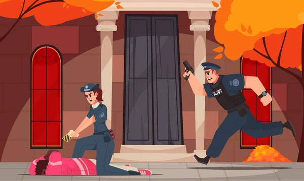 Policejní Karikatura Scéna Muži Ženami Policisté Zatýkání Podezřelý Zločinec Vektorové — Stockový vektor