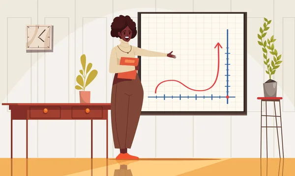 Концепція Шкільної Математики Мультфільму Вчителькою Жінкою Пояснює Графік Векторні Ілюстрації — стоковий вектор
